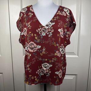 Forever 21 Top Women Sz S Maroon Floral VNeck Back Strap Accent Sleeveless